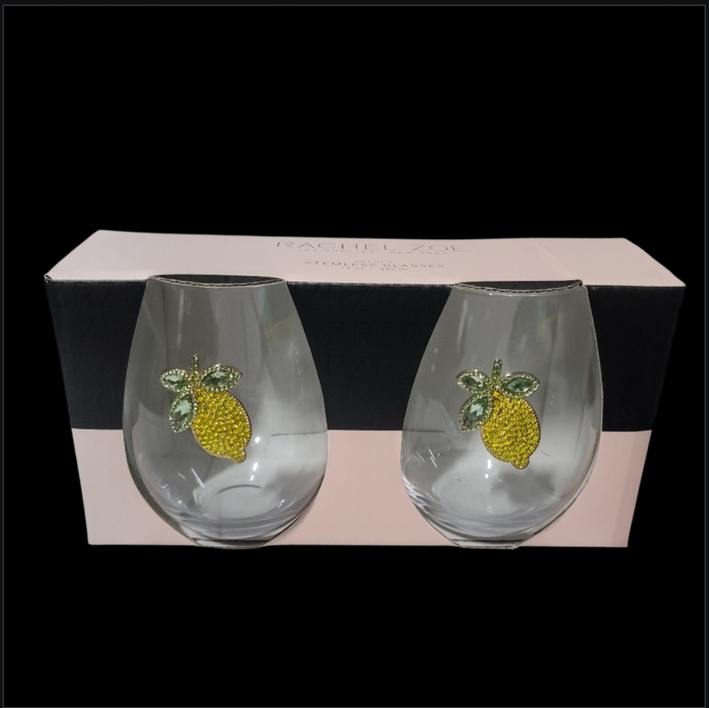 2pc Rachel Zoe Lemon Jeweled Rhinestone Stemless Wine Glass Cocktail Set NEW - Picture 7 of 8
